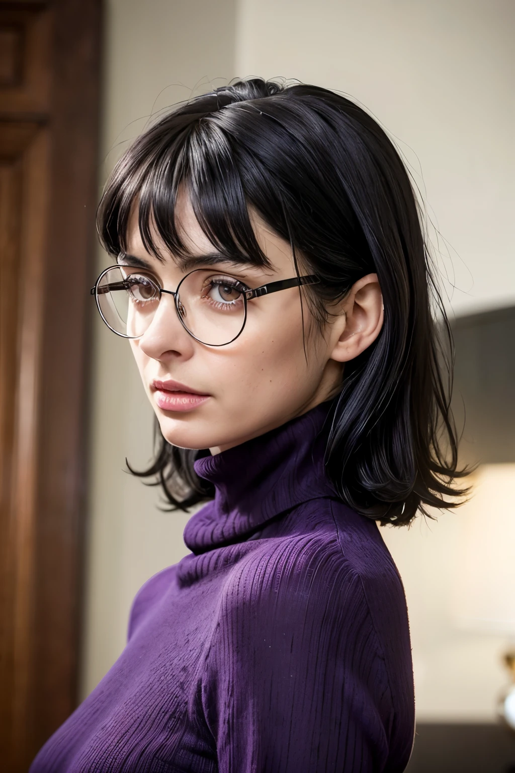 (photo of the face, close-up on the face)(woman, 30s), (black hair, short hair, bangs, hair down to her shoulders) ((round glasses on her face, purple eyes))(white skin) angry, western face, dark circles, sad and tired and drooping face, pimples on the face, thin nose, ((best quality)), ((ultra resolution) ), ((Photorealistic: 1.4)), (complex details), (black turtleneck sweater), waist slim.