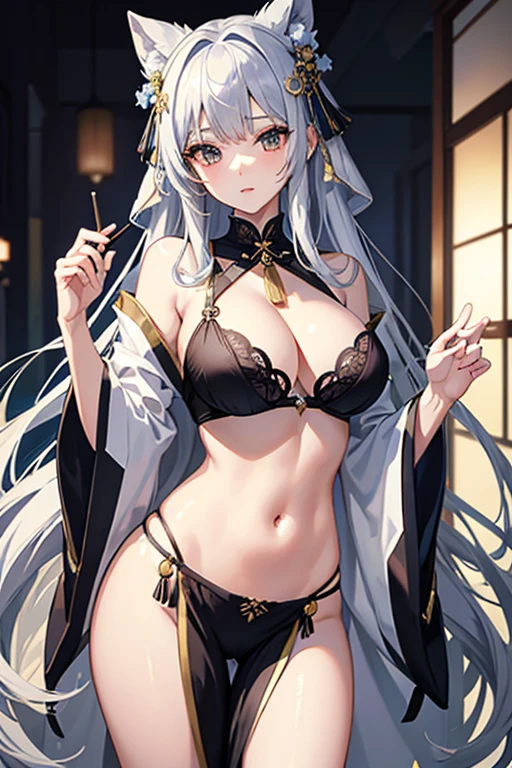masterpiece, highest quality, High resolution,Follow the prompts、Anime Style、Silver Hair、Long Hair、She opens her kimono to reveal her black bra and cleavage.