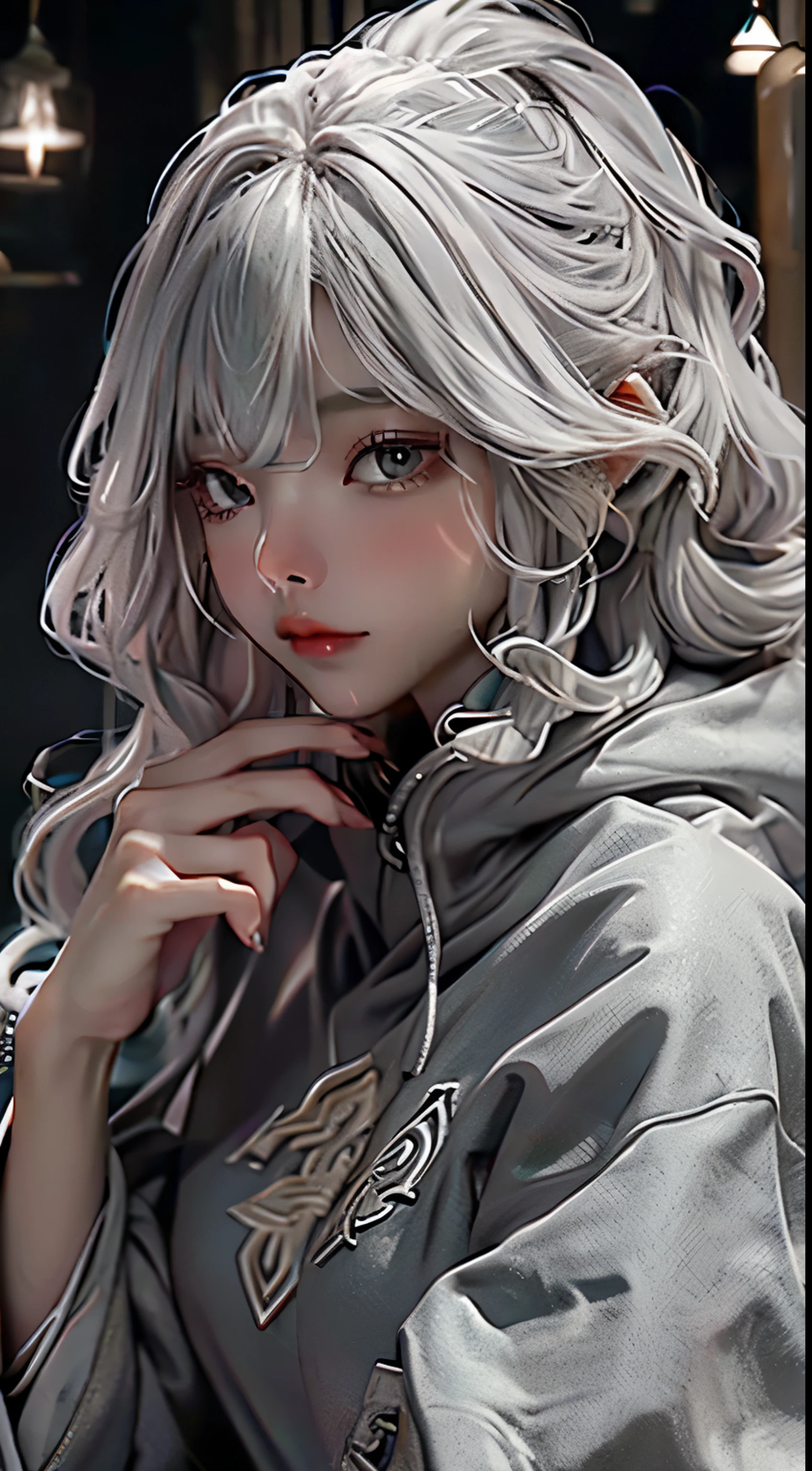Silver haired girl in a hoodie with long curly hair
