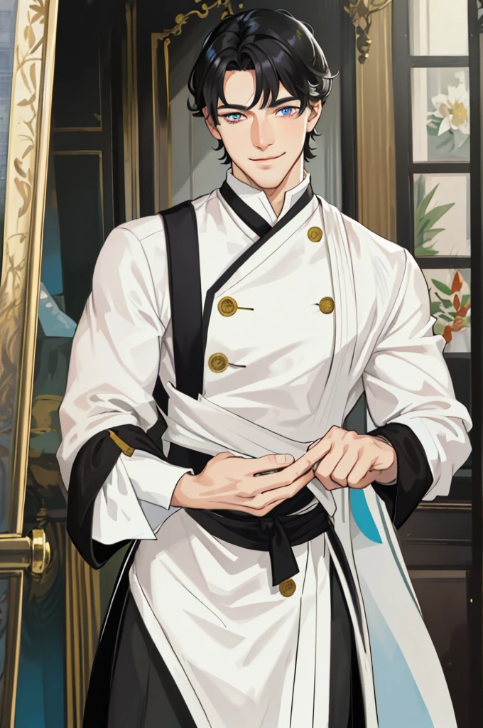 masterpiece, best quality, realistic, 1man, mature man, muscular tall, handsome, smile, closed mouth, portrait, extremely detailed face, (short hair), (black hair), (heterochromia in eyes)