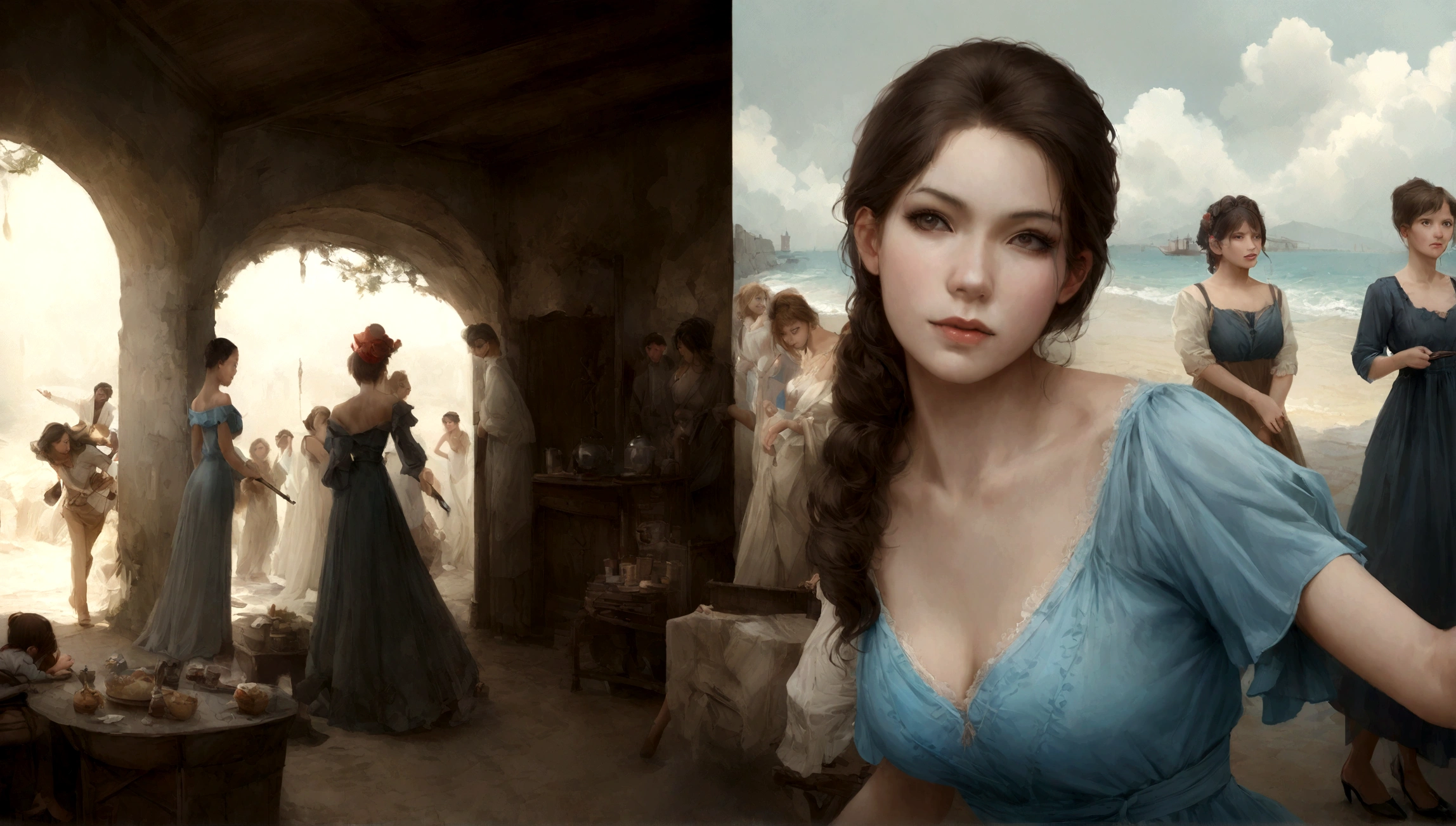 Dark-haired girl in blue dress, Debout sur le pont d'un vieux navire, Un navire, regarde au loin, l'aube, brume légère, Ambiance maussade, Lever de soleil sur la mer, Realistic, real
