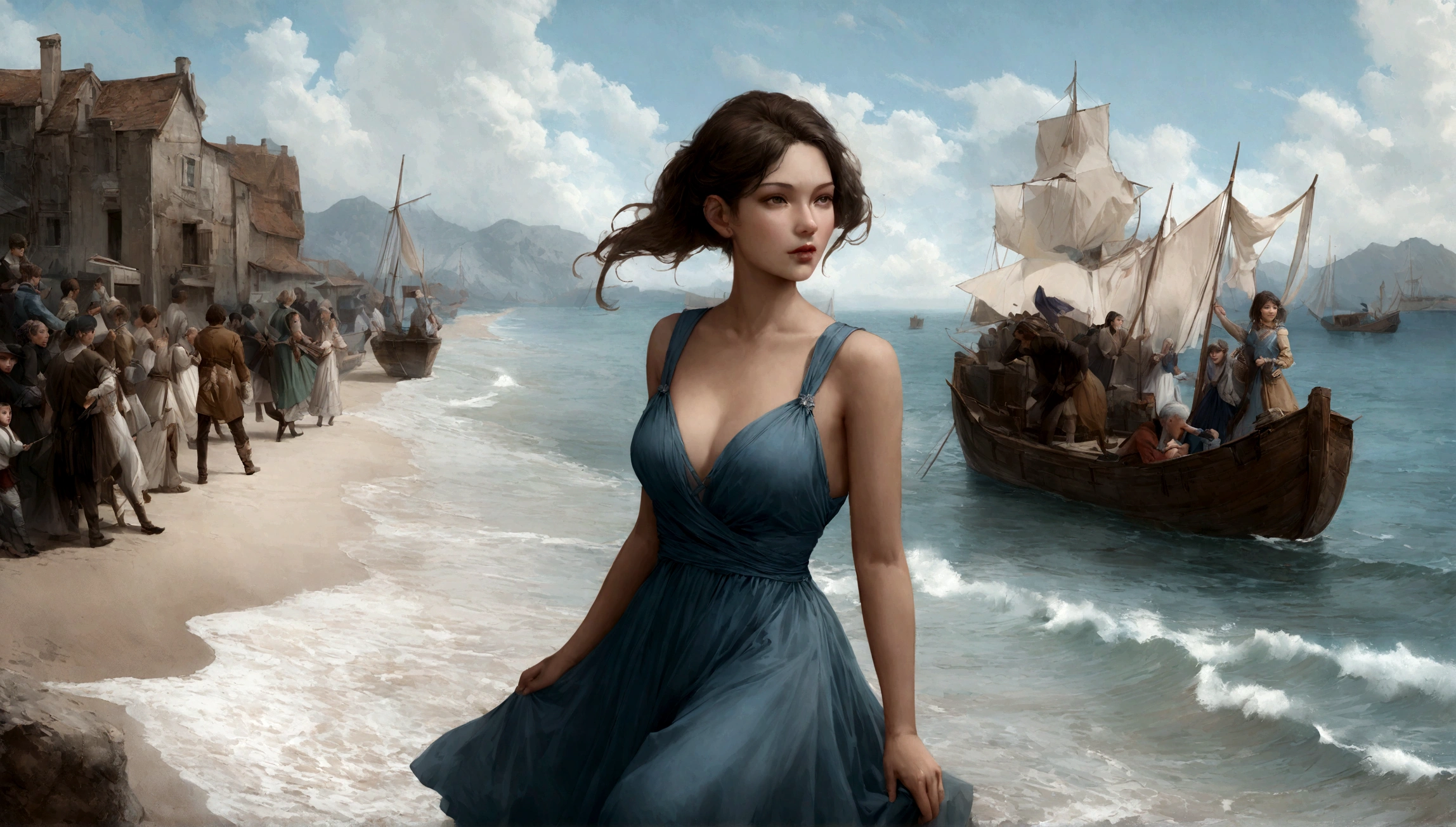 Dark-haired girl in blue dress, Debout sur le pont d'un vieux navire, Un navire, regarde au loin, l'aube, brume légère, Ambiance maussade, Lever de soleil sur la mer, Realistic, real