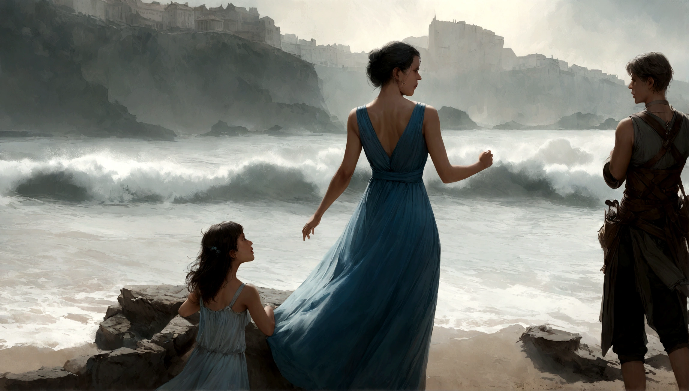 Dark-haired girl in blue dress, Debout sur le pont d'un vieux navire, Un navire, regarde au loin, l'aube, brume légère, Ambiance maussade, Lever de soleil sur la mer, Realistic, real