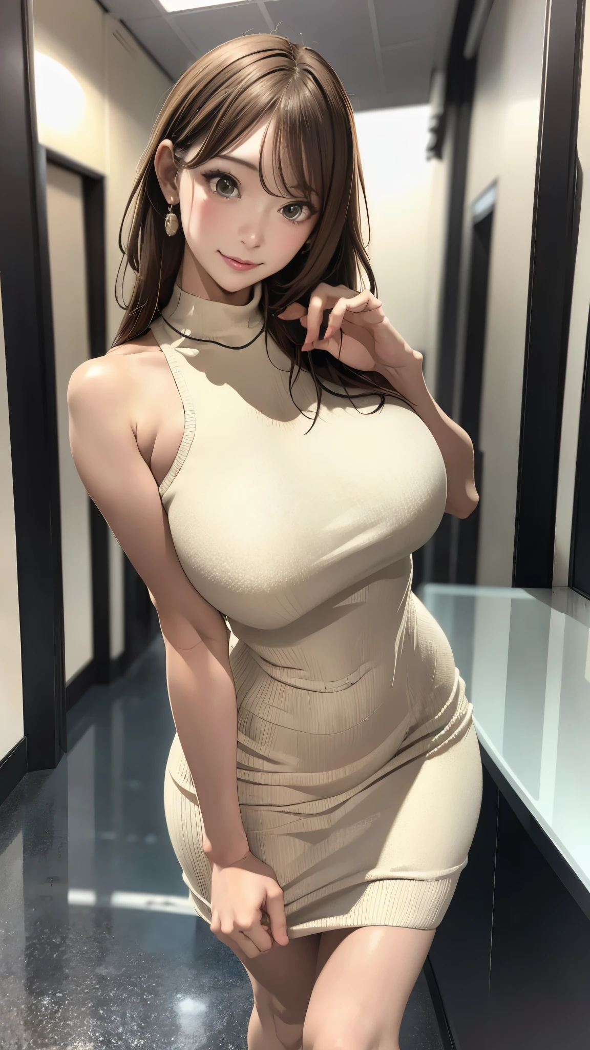 Absurd resolution, A high resolution, (masterpiece:1.4), ((gigantic braests:1.6)), ultra - detailed, 1girll, brown color eyes, cabelos preto e longos，Wear a tight sleeveless white long knit dress, the city street,sexyposture, The camera is close to the body