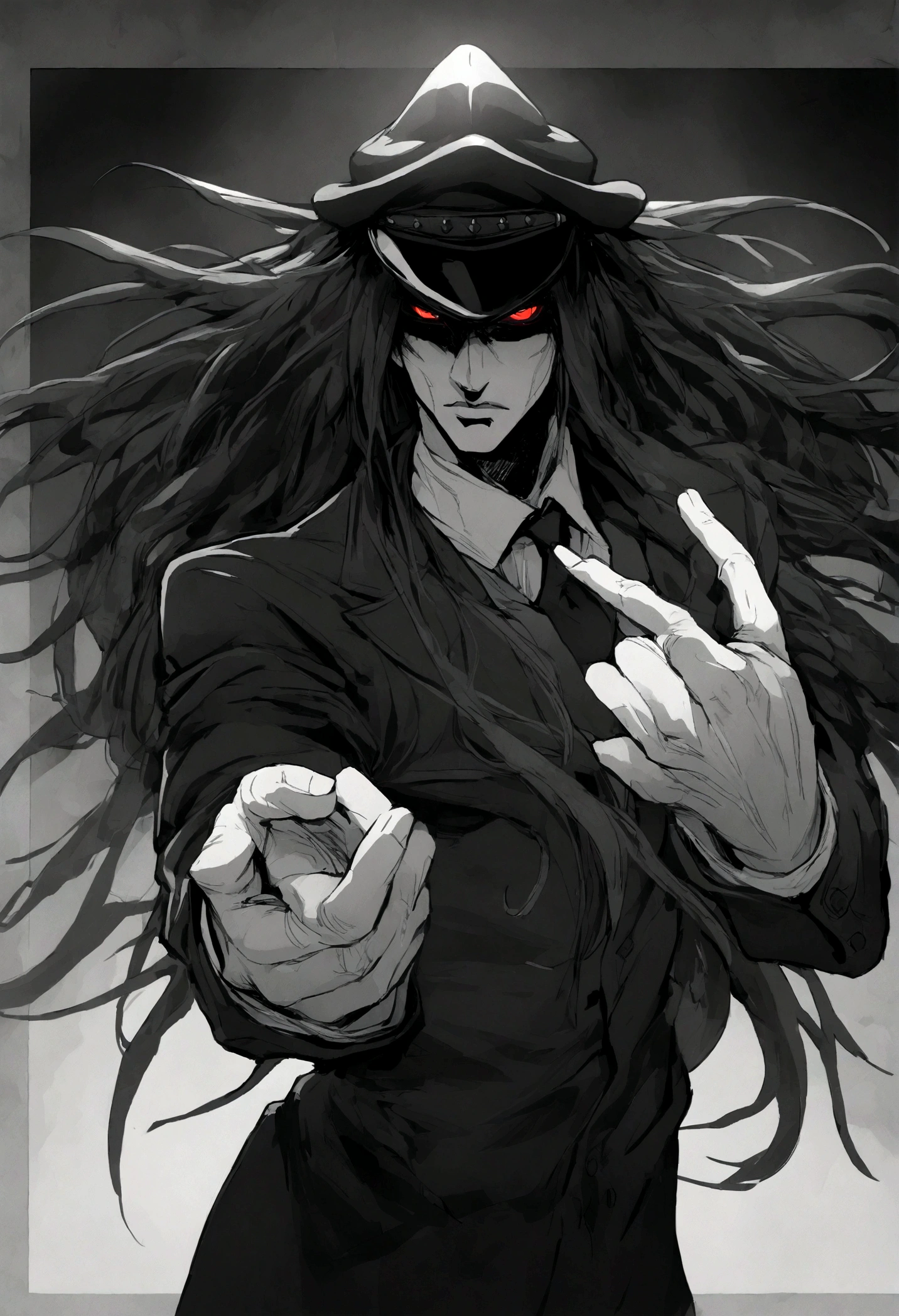 HELLSING ALLUCARD, LONG HAIR RED EYEYS, ULTRA DETAILED WITH ANIME STYLE, COOL POSE, JOJO POSE, EVIL, LONG HAIR, LONG HAIR, BLACK HAIR, NOIR HAT, EVIL EXPRESSION