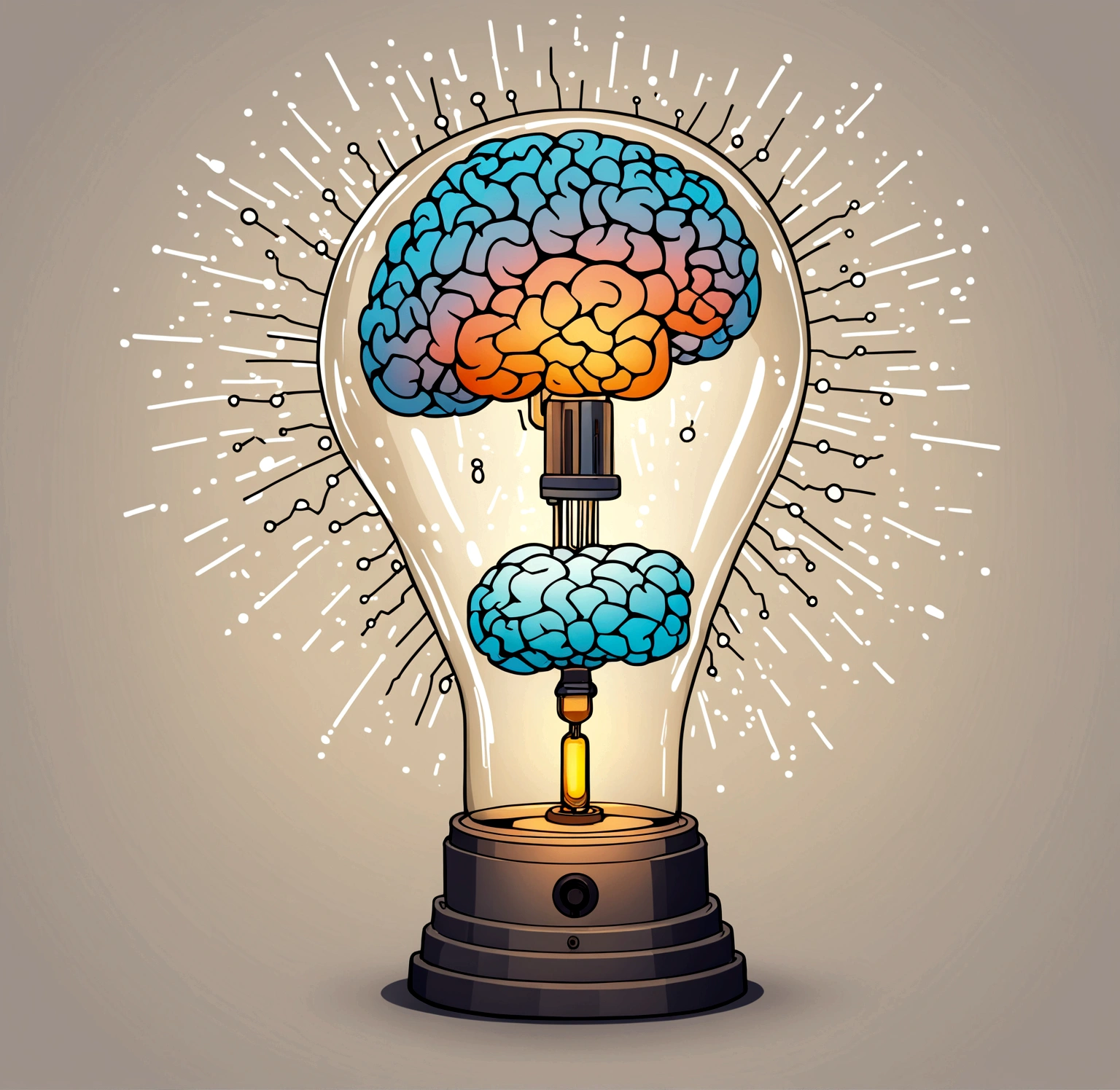 a lamp with a brain inside and a lamp with a brain inside, chuva de ideias, Intelligence, electric chuva de ideias, dispositivo completo, pensamento de design, por Matt Cavotta, light bulb, SVG illustration, icon for an AI application, Nootropic Stimulant, hd illustration, em fundo claro, artificial Intelligence logo, por Alexander Brook