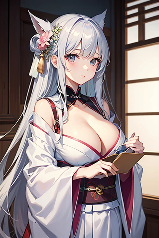 masterpiece, highest quality, High resolution，Follow the prompts、Anime Style、Silver Hair、Long Hair、She opens her kimono to show her cleavage.