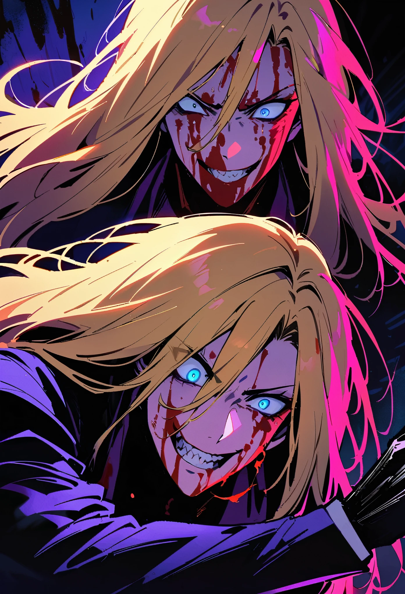 (masculine), (horrifying,shocking),blood-spattered man, male covered in blood,long flowing blond hair, , ((paled skin)) ,expressive eyes,dramatic lighting,gritty and intense,horror portrait,violent,splattered blood,dark and haunting background,close-up of face and body,bloody handprints,terrifying aura,macabre,vivid colors,high contrast, blue eyes, bloddy, masacre, androgynous, perfect face, evil smile, insane, crazy, Black coat, black suit, one young male, beautiful long hair, blond hair, blue eyes, purple victorian shirt, purple jabot, beautiful face, highest quality, wild fighting stance, blood everywhere