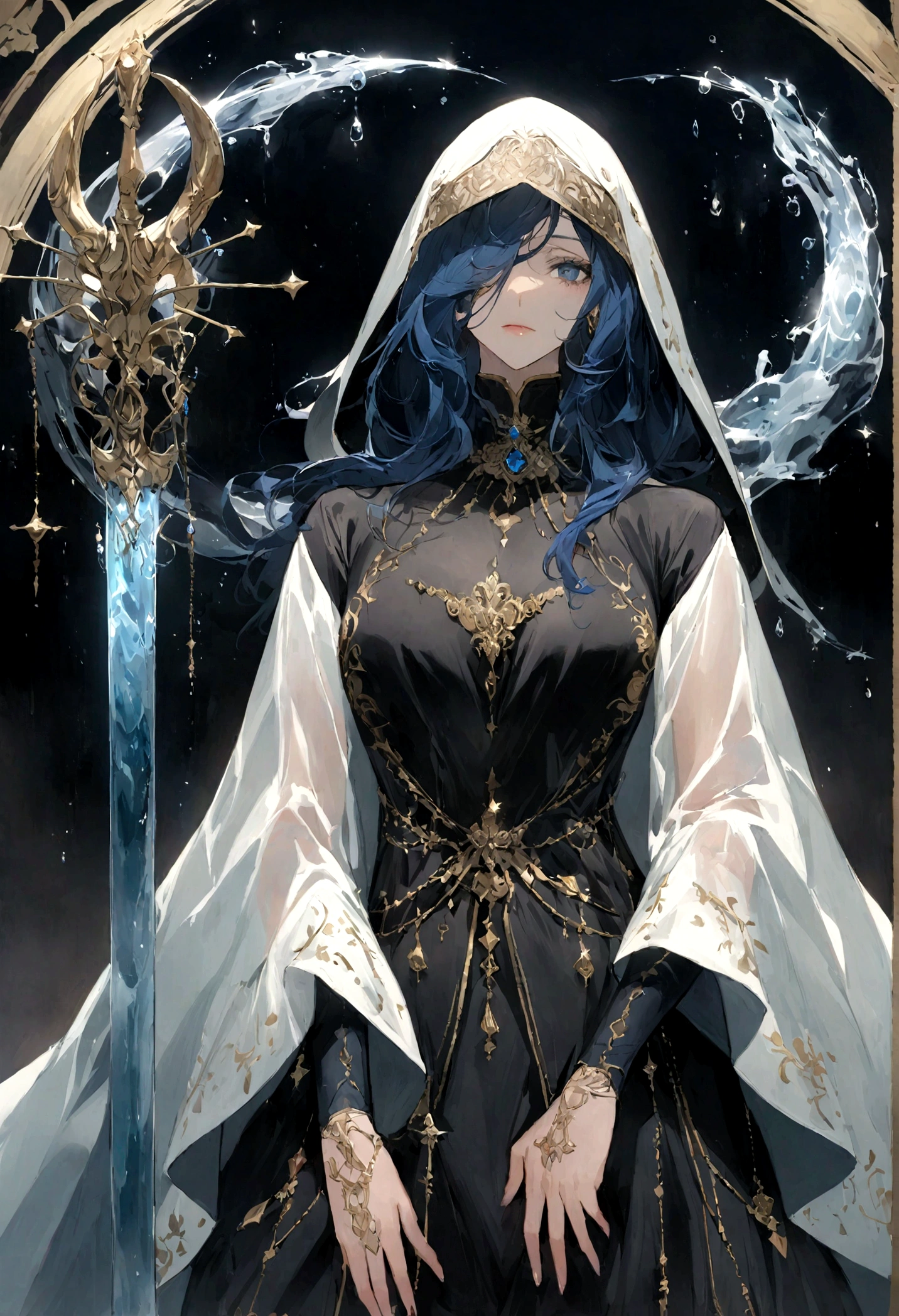 a spirit with dark blue hair that flows like the waves of the sea. Your eyes could glow like fireflies in the dark.
Vestimenta elegante: The spirit could wear a black robe with silver or blue details. Sleeves could be embellished with water droplet or swirl patterns. A belt with a small sword could complete your outfit.
Rasgos misteriosos: Since it is the “Puddle of the Night”, you could give it a mysterious air. Your face may be partially hidden by a hood or mask. Their movements could be fluid and enigmatic.
water weapons: The spirit could wield a sword that appears to be made of water with sharp edges. Imagina que las gotas de agua fluyen a lo largo de la hoja mientras se mueve.
Tatuajes o marcas: You could add tattoos or marks on their skin that represent the night and water. Maybe a crescent moon on your forehead or water droplet symbols on your arms