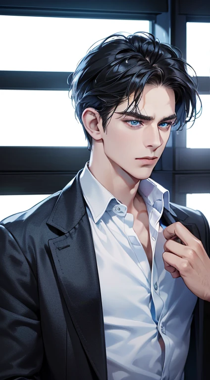 (best quality, masterpiece, 8K, photorealistic, cinematic lighting, 1:4 hdr image, ultra detailed, beautiful image), a mature man, 34 years very handsome, ((cold expression)), short black hair, blue eyes, face perfect without mistakes, ((buttoning his jacket, CEO))