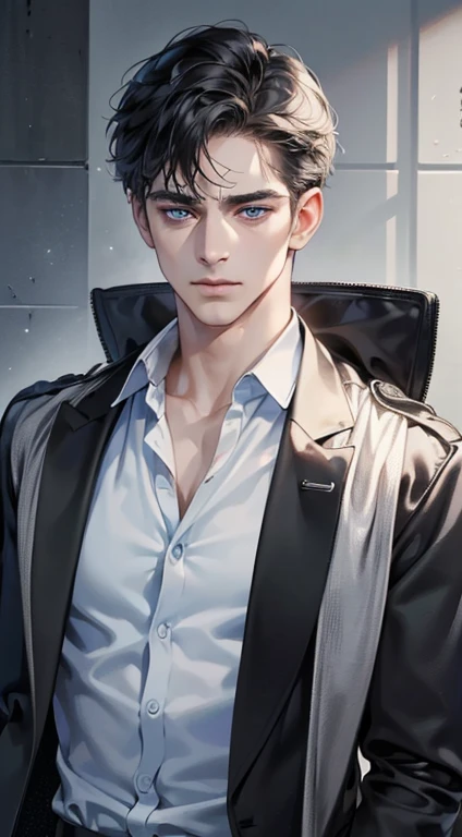 (best quality, masterpiece, 8K, photorealistic, cinematic lighting, 1:4 hdr image, ultra detailed, beautiful image), a mature man, 34 years very handsome, ((cold expression)), short black hair, blue eyes, face perfect without mistakes, ((buttoning his jacket, CEO))