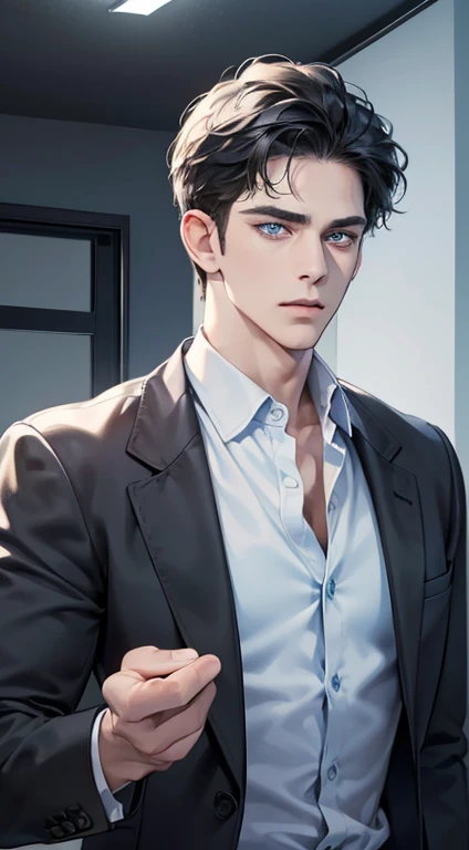 (best quality, masterpiece, 8K, photorealistic, cinematic lighting, 1:4 hdr image, ultra detailed, beautiful image), a mature man, 34 years very handsome, ((cold expression)), short black hair, blue eyes, face perfect without mistakes, ((buttoning his jacket, CEO))