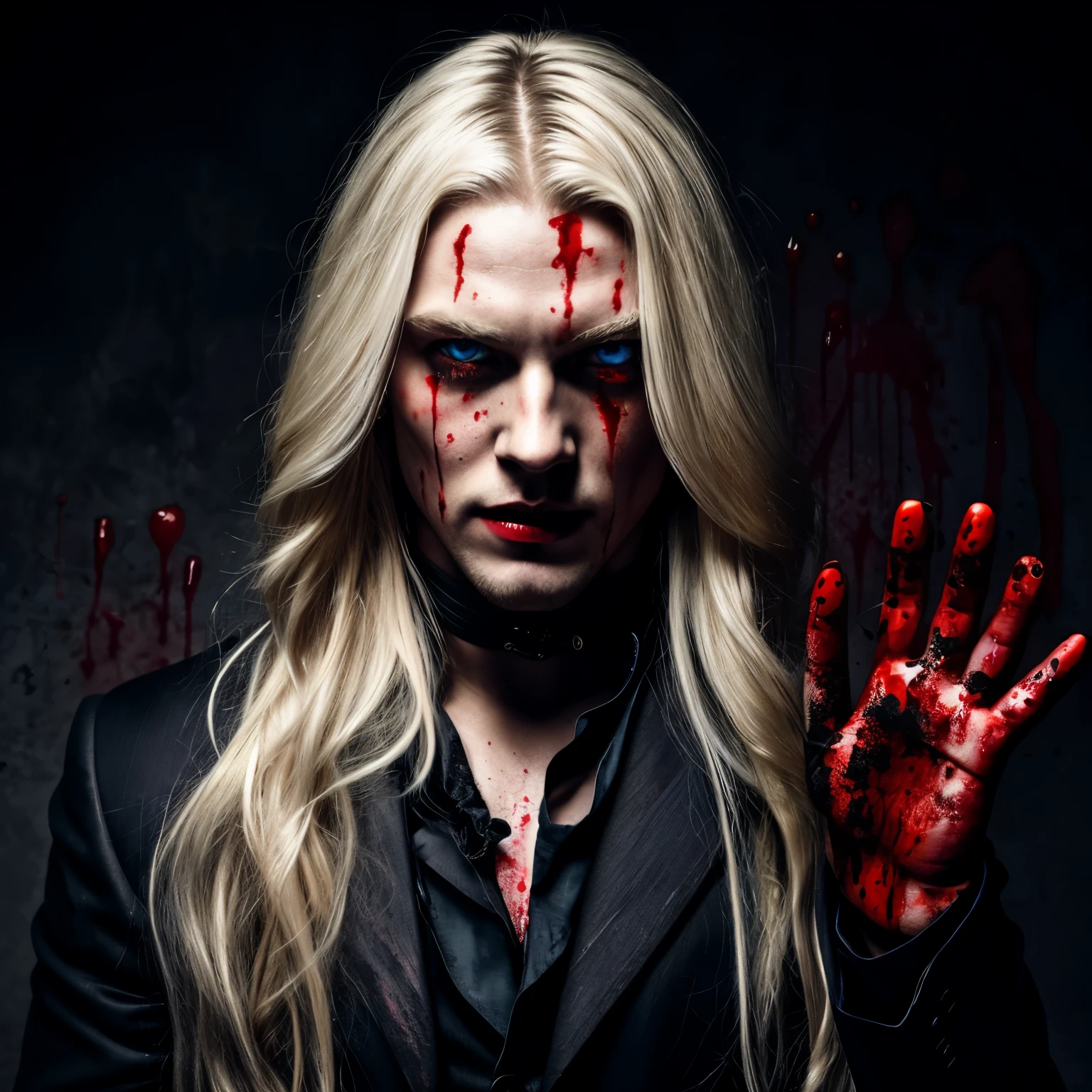 (masculine), (horrifying,shocking),blood-spattered man, male covered in blood,long flowing blond hair, , ((paled skin)) ,expressive eyes,dramatic lighting,gritty and intense,horror portrait,violent,splattered blood,dark and haunting background,close-up of face and body,bloody handprints,terrifying aura,macabre,vivid colors,high contrast, blue eyes, bloddy, masacre, androgynous, perfect face, evil smile, insane, crazy, Black coat, black suit, one young male, beautiful long hair, blond hair, blue eyes, purple victorian shirt, purple jabot, beautiful face, highest quality, wild fighting stance, blood everywhere