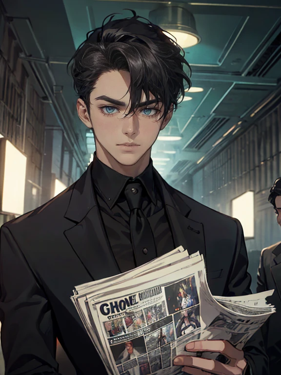 ((One young man in a black suit and tie)), Gotham, alejandro, (((Dark short hair swept to the side))), (dark green eyes and thick eyebrows), grin, ((20-year-old)), ((masterpiece)), read the newspaper , ((cinematic lighting)),