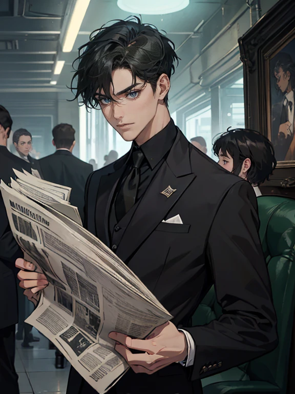 ((One young man in a black suit and tie)), Gotham, alejandro, (((Dark short hair swept to the side))), (dark green eyes and thick eyebrows), grin, ((20-year-old)), ((masterpiece)), read the newspaper , ((cinematic lighting)),