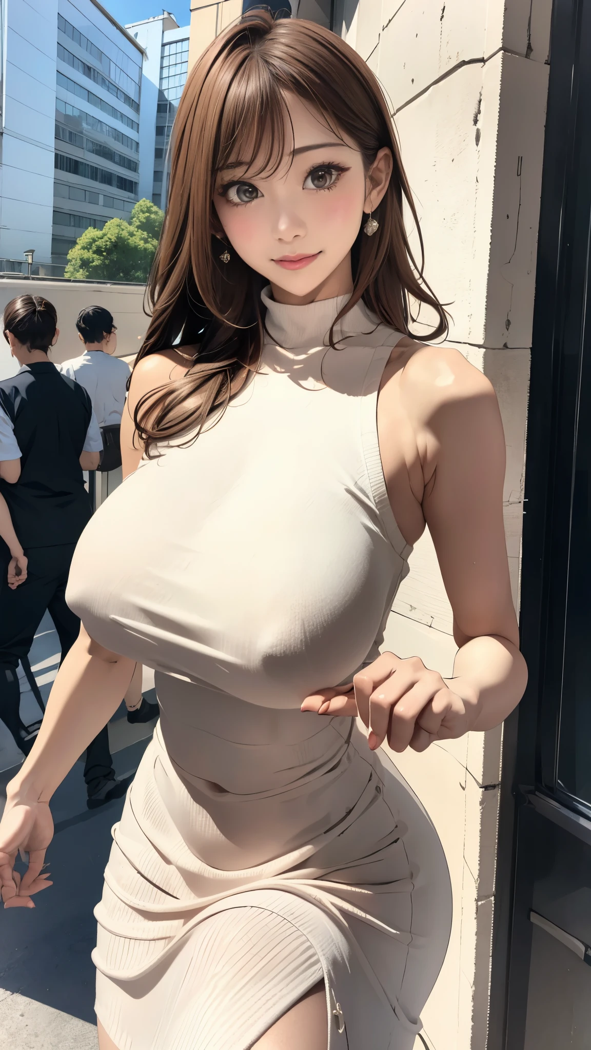 Absurd resolution, A high resolution, (masterpiece:1.4), ((gigantic braests:1.6)), ultra - detailed, 1girll, brown color eyes, cabelos preto e longos,Wear a tight sleeveless white long knit dress, the city street,sexyposture, The camera is close to the body