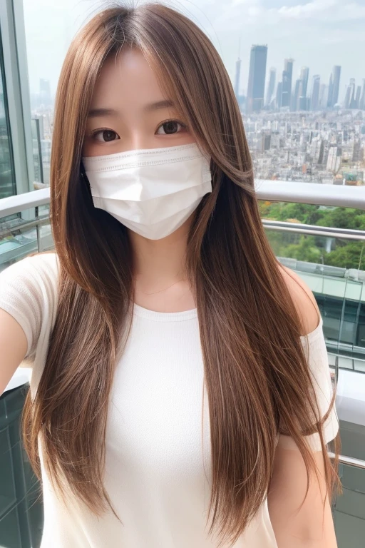 One girl, Japanese, cute sister, semi-long hair, brown hair color, wearing a white mask, selfie, clothes are sexy plain clothes, background is city view, upper body only, face close, realistic girl, top quality image