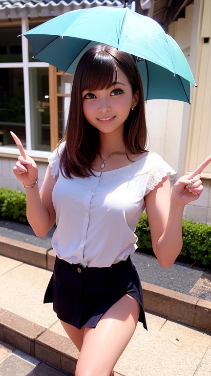 hydrangea、Hydrangea Path、A girl walking with an umbrella、Rainy day in Kamakura、Climb the stone steps、mini skirt、masterpiece、highest quality、Highest quality、8k、Anatomically correct body、Accurate Face、Accurate 5-finger、Accurate limbs、Detailed Background、
