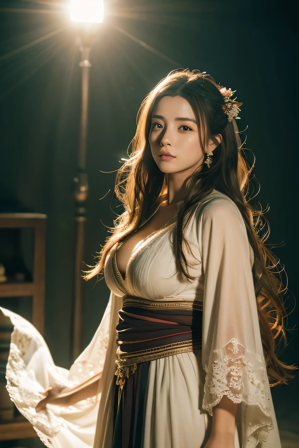 (RAW Photo, Best Quality), (Realistic, Photo Realistic: 1.3), Best Quality, Highly Detailed, Masterpiece, Hyperdetail, Illustration, 1 Girl, Dynamic Angle, World Masterpiece Theater, messy_long_hair, Best Quality, Very Detailed CG Unity 8k Wallpaper, Ink, Amazing, Cinematic Lighting, lens_flare, Full Body Image: 1.2, dunhuang_style, Flying: 1.2