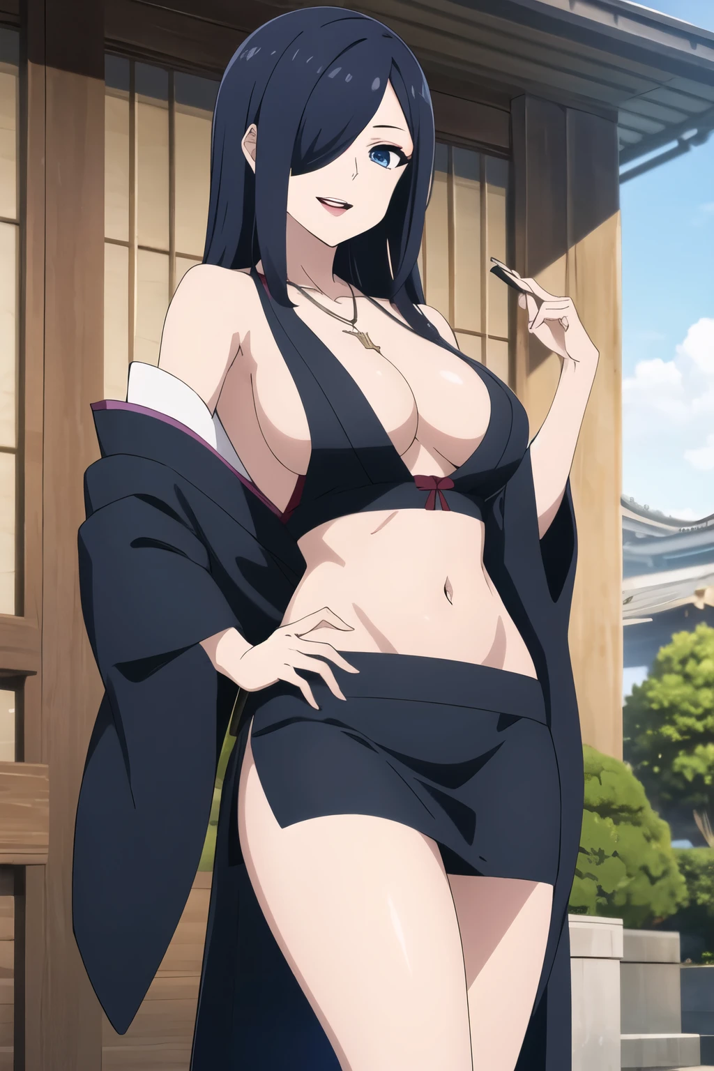 dark blue eyes, gradient hair, long hair, hime cut,hair over one eye,
1girl, large breasts, slender,parted lips,
tsurime, long eyelashes, makeup,eyeshadow,
 cross necklace, , blush, lipstick, black hair, masterpiece, best quality, highly detailed, a anime girls in kimono dress with a sword posing for a
picture, bare shoulder,open kimono, evil smile, open mouth, crop top , (nsfw) not safe for work, smile,
ecchi anime style, anime girls, ecchi style, ecchi, digital anime art!!, in anime style, official artwork, visual
novel cg, beautiful anime girl, anime style 4 k, kimono pencil skirt, exposed belly, exposed navel,
exposed midriff, exposed lower belly, outdoor, japanese architecture, temple