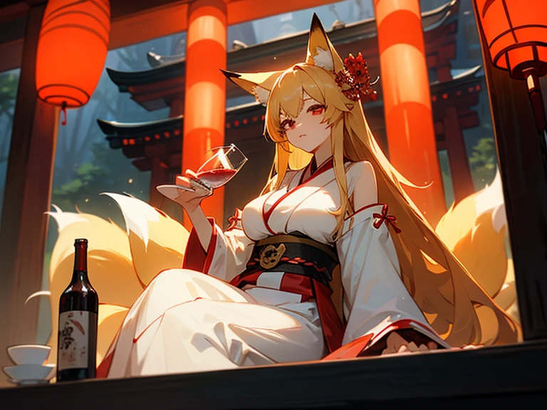 A woman has many fox tails growing out of her、Adult women with large breasts、It has fox ears with black tips.、Blonde、Red eyes、Japanese style shrine maiden outfit、Inside a Japanese-style shrine、night、Holding a glass of alcohol、Sitting、long hair、