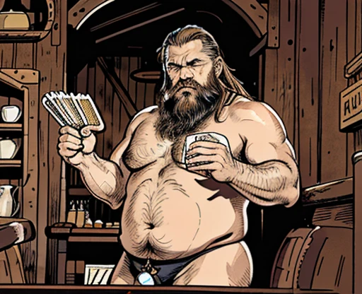 RAW, realistic photo of  Detailed image dynamic image.  Only plump, chubby, extremely thick thighs, large belly, fat, age 50, soft, plump, thick, hairy man with a beard and glasses lies naked on the sofa, his penis is 35 cm (melhor qualidade,4K,8k,high resolution,obra de arte:1.2),ultra-detalhado,realista:1.37,homens,grown-up homens,old homens,fat white muscular homens,cabelo da barriga,large bulges, (((he is in a viking tavern holding magic cards with his hands, he is in a game of magic cards inside a bad tavern, he wears a mystical wizard&#39;s overcoat))). pants,camisa xadrez,barba,nojento,60-year-old homens,family,pai,barriga de urso,terno de abertura. Sentado na beirada da cama. apenas usando sunga no corpo. Looking at the spectator gesturing with his hands. Asking for your hand, pedindo um objeto., Se adequa, vetor, mwvetor