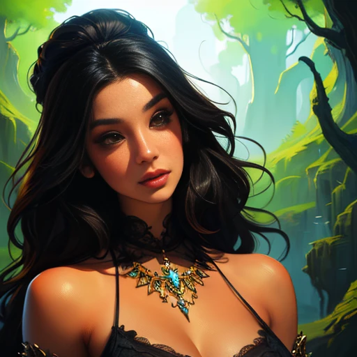 a painting of a woman with long black hair, digital art by Kubisi art, featured on deviantart, fantasy art, artwork, detailed painting, digital painting