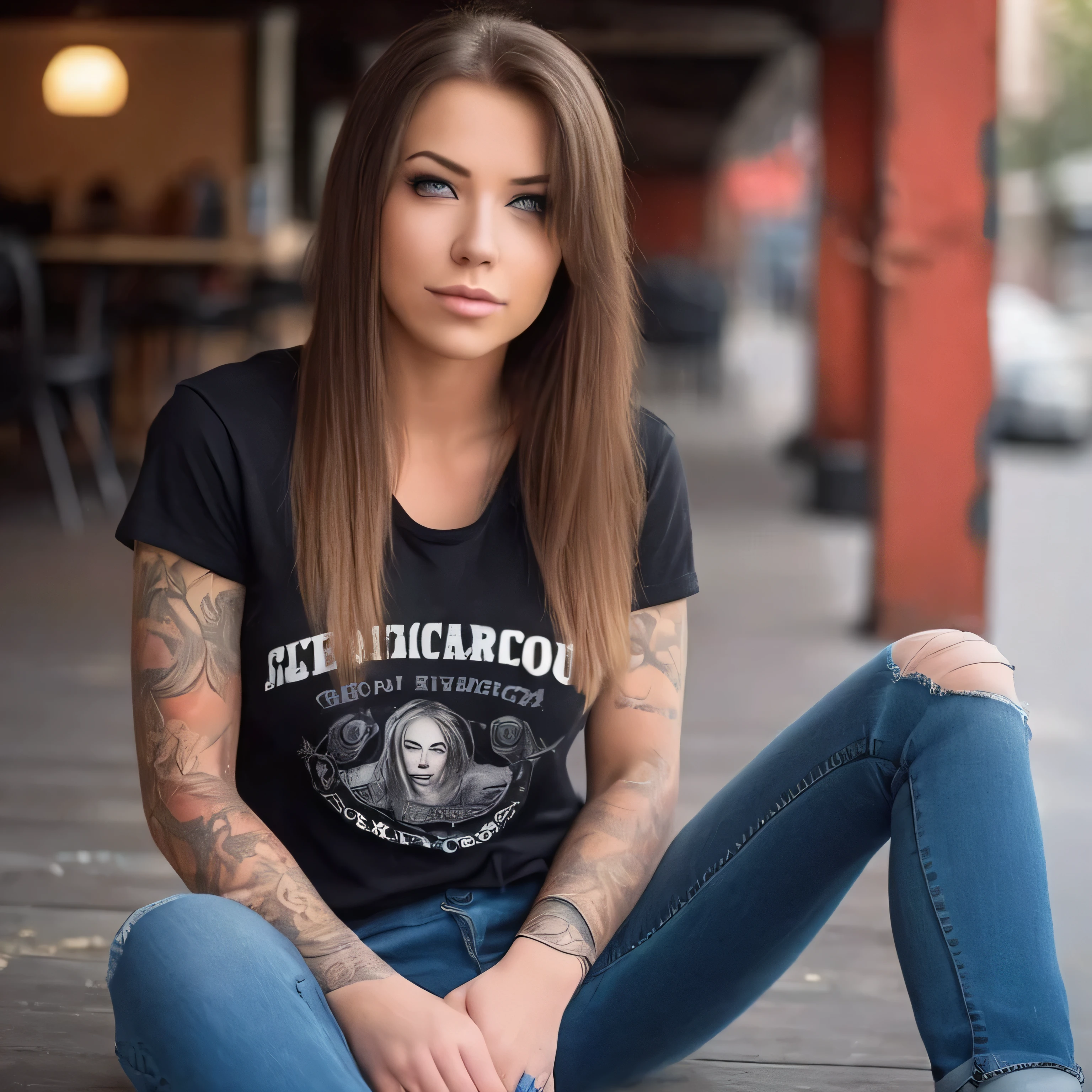 A (MASTERPIECE, BEST QUALITY:1.2), 8K,, full-body image of female laurence bedard (Age 25) dressed in T-shirt and ripped jeans. Extras: perfect-eyes, perfect-lips, stunningly-beautiful, 35mm-raw-photo, dynamic-composition. She has blue eyes and a long-straight hair style. And is in a bar. And she is grinning at the viewer, sexy, horny