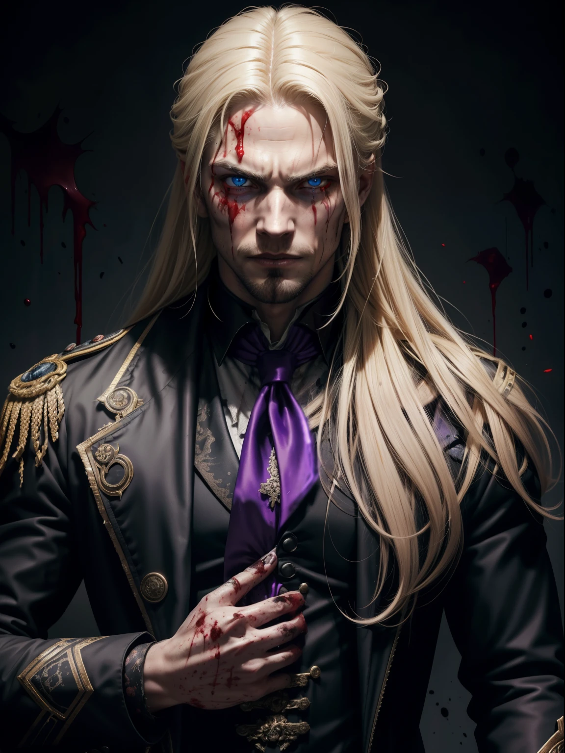 (masculine), (horrifying,shocking),blood-spattered man, male covered in blood,long flowing blond hair, , ((paled skin)) ,expressive eyes,dramatic lighting,gritty and intense,horror portrait,violent,splattered blood,dark and haunting background,close-up of face and body,bloody handprints,terrifying aura,macabre,vivid colors,high contrast, blue eyes, bloddy, masacre, androgynous, perfect face, evil smile, insane, crazy, Black coat, black suit, one young male, beautiful long hair, blond hair, blue eyes, purple victorian shirt, purple jabot, beautiful face, highest quality, wild fighting stance, blood everywhere