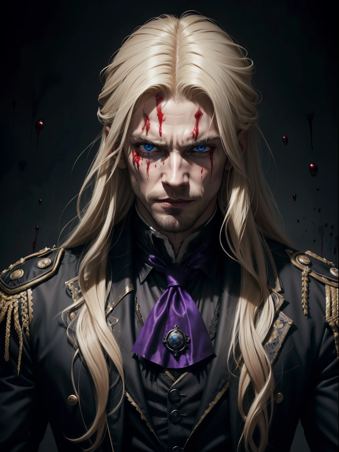 (masculine), (horrifying,shocking),blood-spattered man, male covered in blood,long flowing blond hair, , ((paled skin)) ,expressive eyes,dramatic lighting,gritty and intense,horror portrait,violent,splattered blood,dark and haunting background,close-up of face and body,bloody handprints,terrifying aura,macabre,vivid colors,high contrast, blue eyes, bloddy, masacre, androgynous, perfect face, evil smile, insane, crazy, Black coat, black suit, one young male, beautiful long hair, blond hair, blue eyes, purple victorian shirt, purple jabot, beautiful face, highest quality, wild fighting stance, blood everywhere