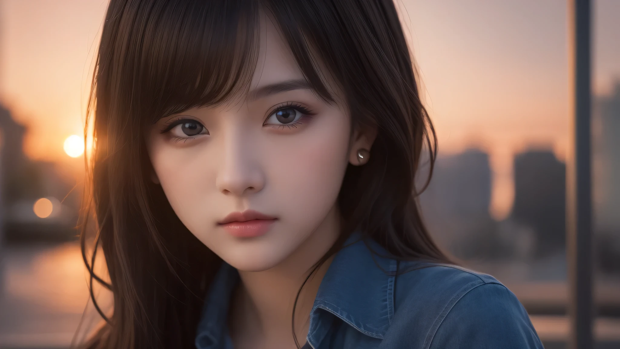 1girl, (kawaii face:1.2), (button shirt, miniskirt:1.2), (Best Quality:1.4), Realistic, extremely detailed CG unified 8k wallpaper, highly detailed, High-definition raw color photos, professional photography, Realistic portrait, Beautiful detailed, Close up portrait of girl, Outdoors, city, street, Beautiful sunset, illumination, (Fine face:1.2),