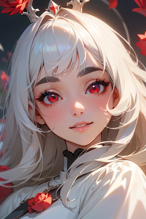 (highest quality, masterpiece:1.2), High resolution, 最高masterpiece、Very detailed, Realistic:1.37, Fantasy, An illustration,Gray Hair、 Red eyes、Queen, White Dress、beautifully、Eyeshadow Red、Thick eyebrows、Long eyelashes、pupils are black、shiny on the lips、Top Sites、Queen、Princess、A kind smile、Show your teeth a little and smile、Soft impression、people々々々々々Loved by、Slimming the face、Kissing Face、Long white hair、Shaggy Bangs、Save a face image、Long straight line、Background is a lot of roses、