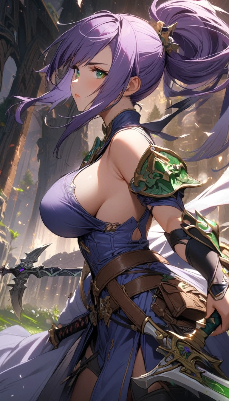 1girl,purple ponytail hair,green eyes,large breasts,fantasy,sword,