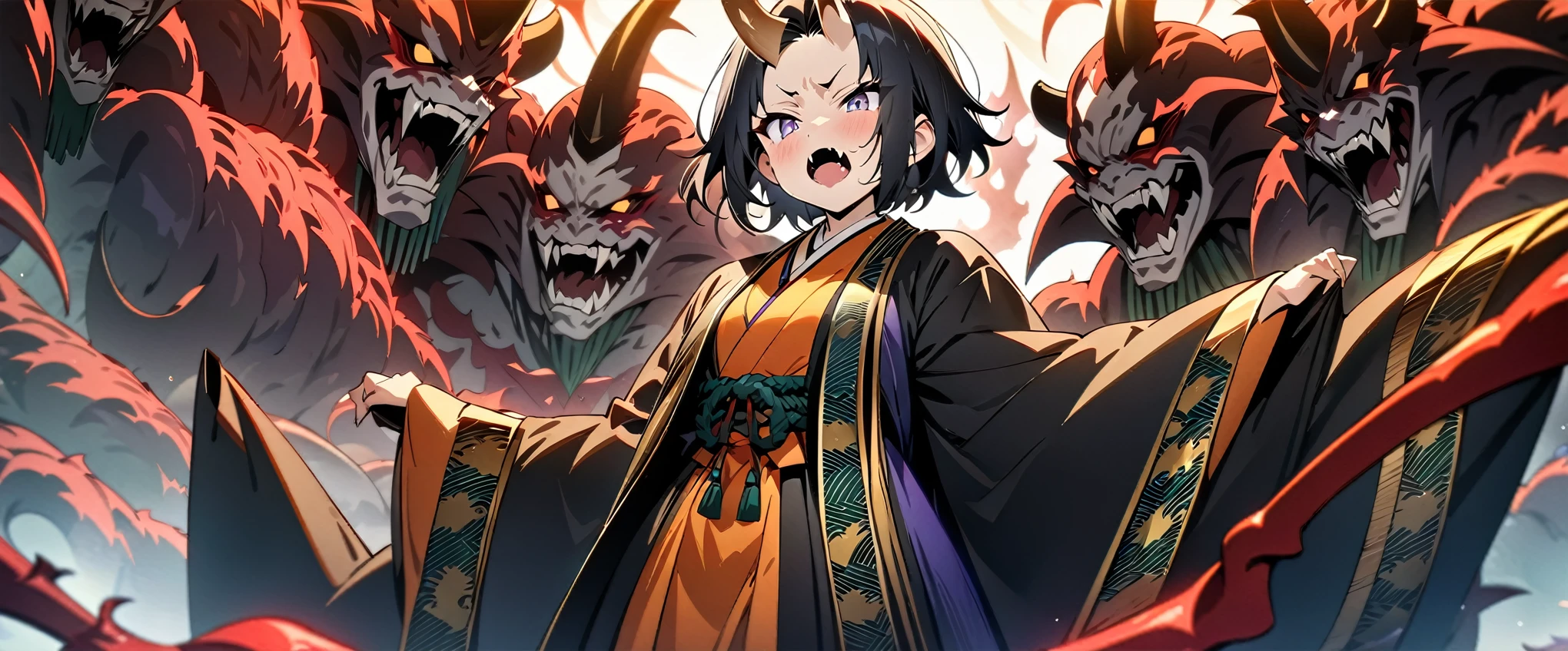 (((masterpiece,Highest quality))),((A young, anime-style girl with short black hair, a small horn and fangs, wearing a Heian period aristocratic costume.)),(A look of hatred),((There are many demons and monsters around.)),Focus so you can see the whole body,(high quality),anime
