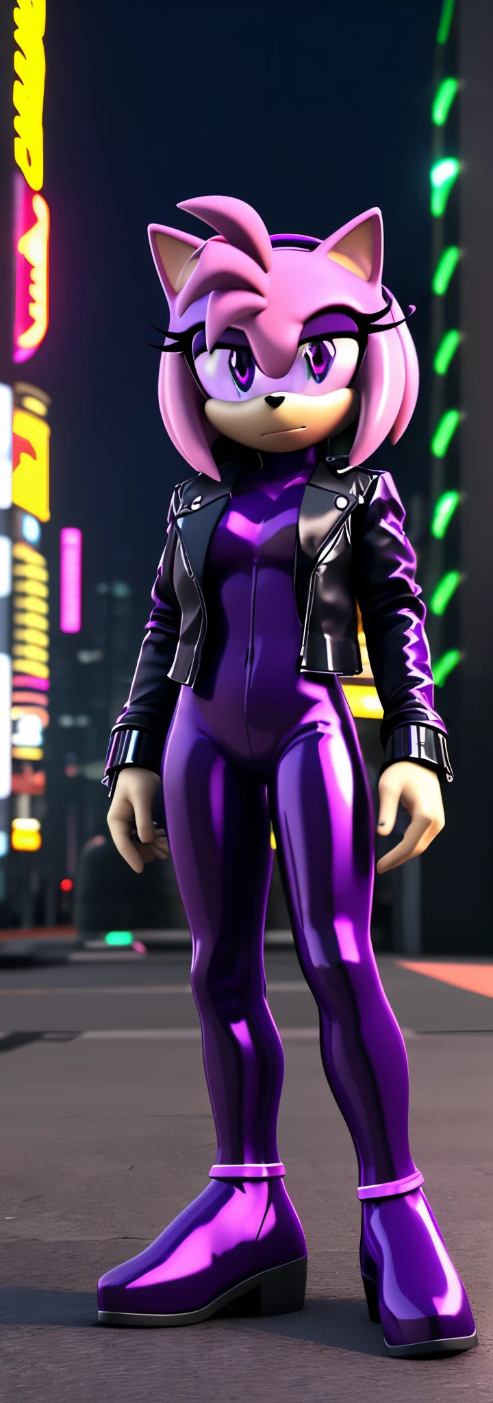 Solo, 1girl, full body image, rendered in SFM, ((sonic oc:1)), from sonic, high detail iconic character, in the new action-movie sonic, cyberpunk city, official render, 3d render official art, toon shader, ((female)), (((purple hedgehog:1))), ((shiny)) (purple fur:1.0), (((Amy rose style quills))), (((metallic purple eyeliner))) ((deep purple eyes:1.5)), ((calm neutral expression)), ray trace 4 k, ray trace 4k, (((metallic purple latex bodysuit))), (((leather jacket))), ((fingerless gloves:0.9))