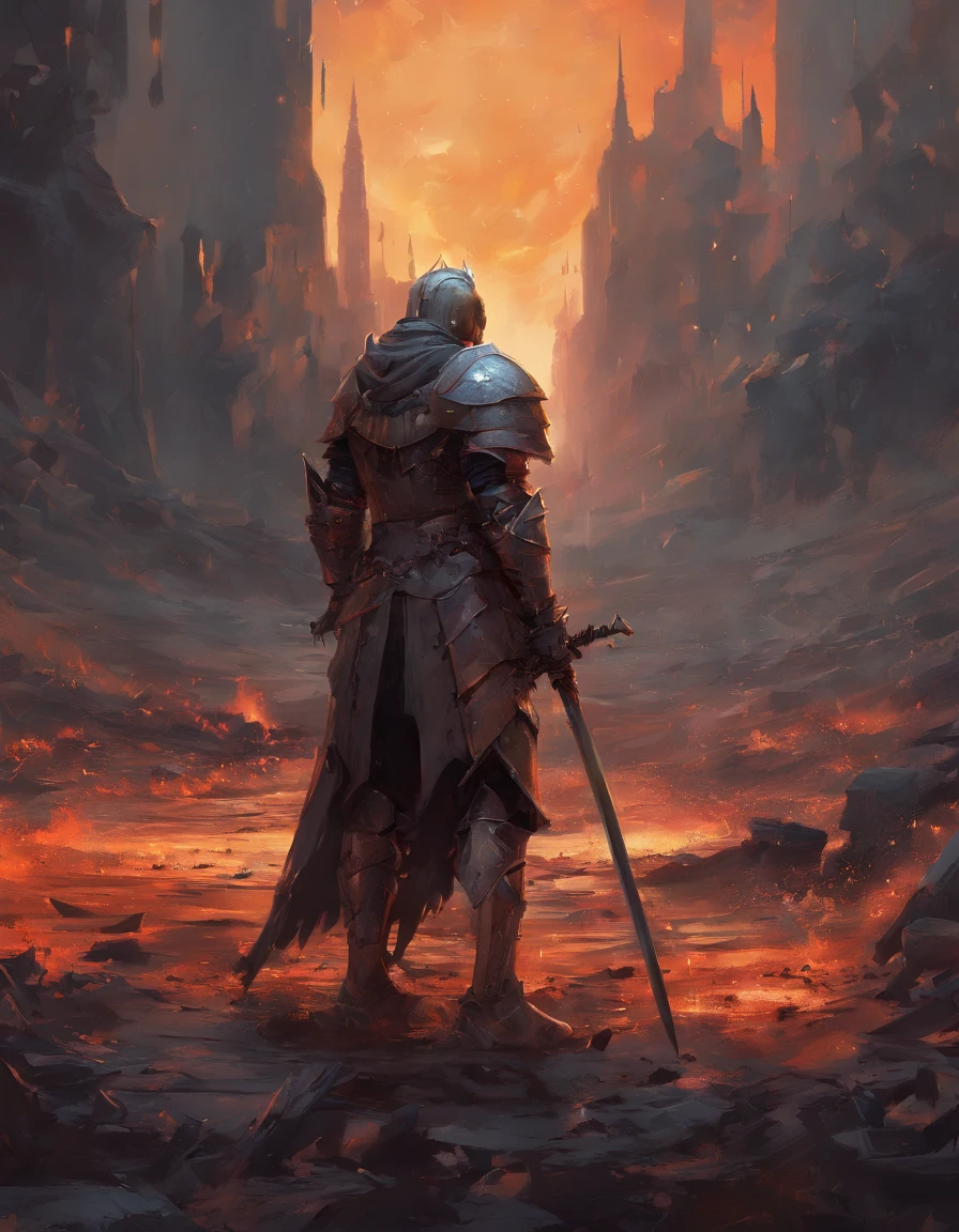 long shot, An old and exhausted knight in blood-stained armor kneels in a battlefield. he holds a chipped sword supported the ground. the sunset casting a orange glow on the scene. The ground beneath him is covered in rubble of battled, The knight's gaze is directed downwards, towards the sword he holds, The overall atmosphere of the image is hot and sad.extreme detail, intricate details, masterpiece.
