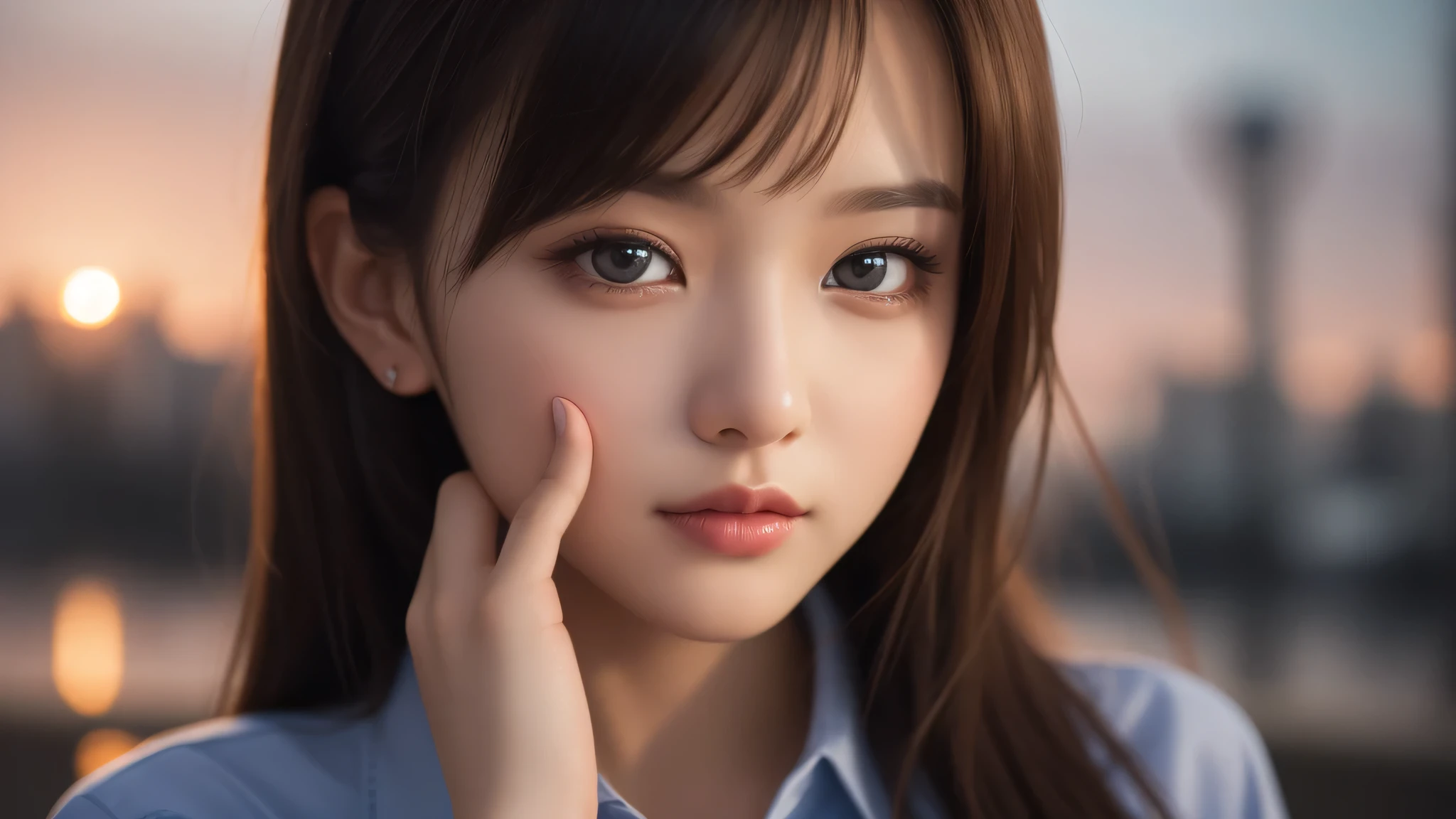 1girl, (kawaii face:1.2), (button shirt, miniskirt:1.2), (Best Quality:1.4), Realistic, extremely detailed CG unified 8k wallpaper, highly detailed, High-definition raw color photos, professional photography, Realistic portrait, Beautiful detailed, Close up portrait of girl, Outdoors, city, street, Beautiful sunset, illumination, (Fine face:1.2),