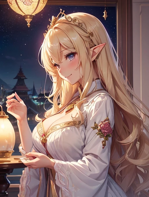 最high quality、Best image quality、masterpiece、Beautiful profile、、ania、Super beautiful elf girl((22 year old office lady with bigst 90,Beautiful long ironed hair、blonde、height: 165cm。thin、sexy、Esbian、Beiful tiara、night、high quality、美しいart、Beautiful bed、canopy、canopy、background((星nullスキー)))Pieces fly、ビジュアルart、Written boundary depth、、Elf Ears、、光のmagic、universe、Happy smile、Gentle light、Elven Forest、cherry blossoms、、elegant、ticker beautiful decorative、Marble pillars Rosa、Rose、tea、lunch、cooking、 null、Beautiful dressy、Beautiful dress、table、giant galaxy、myth、art、Lord of the Ring、sexy、A kind smilenderful、cherry blossoms、舞い散るflowerびら、cherry blossomsのflower、universeのmagic、magicの光、Fantasy、flower、super REALITYa lotのRose、magic、universeを飛ぶ、、Grow Fantasy、、mysteryの光、Byzantine、Art Nouveau、Alphonse a lot、、art、art,mystery,Ultra-high resolution,magicalGentle light,sexy、