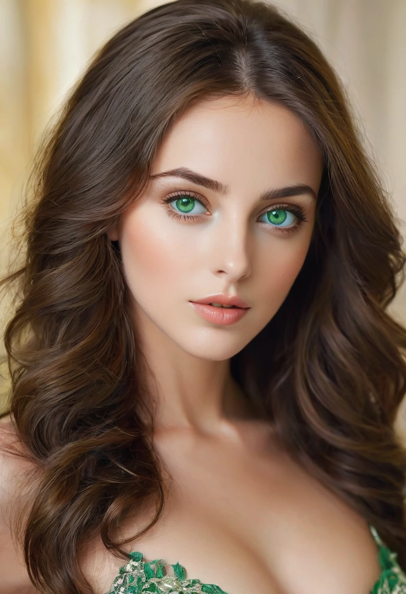 masterpiece, best quality, ultra-detailed, extremely delicate and beautiful, woman, deep green eyes, brunette hair, perfect body
