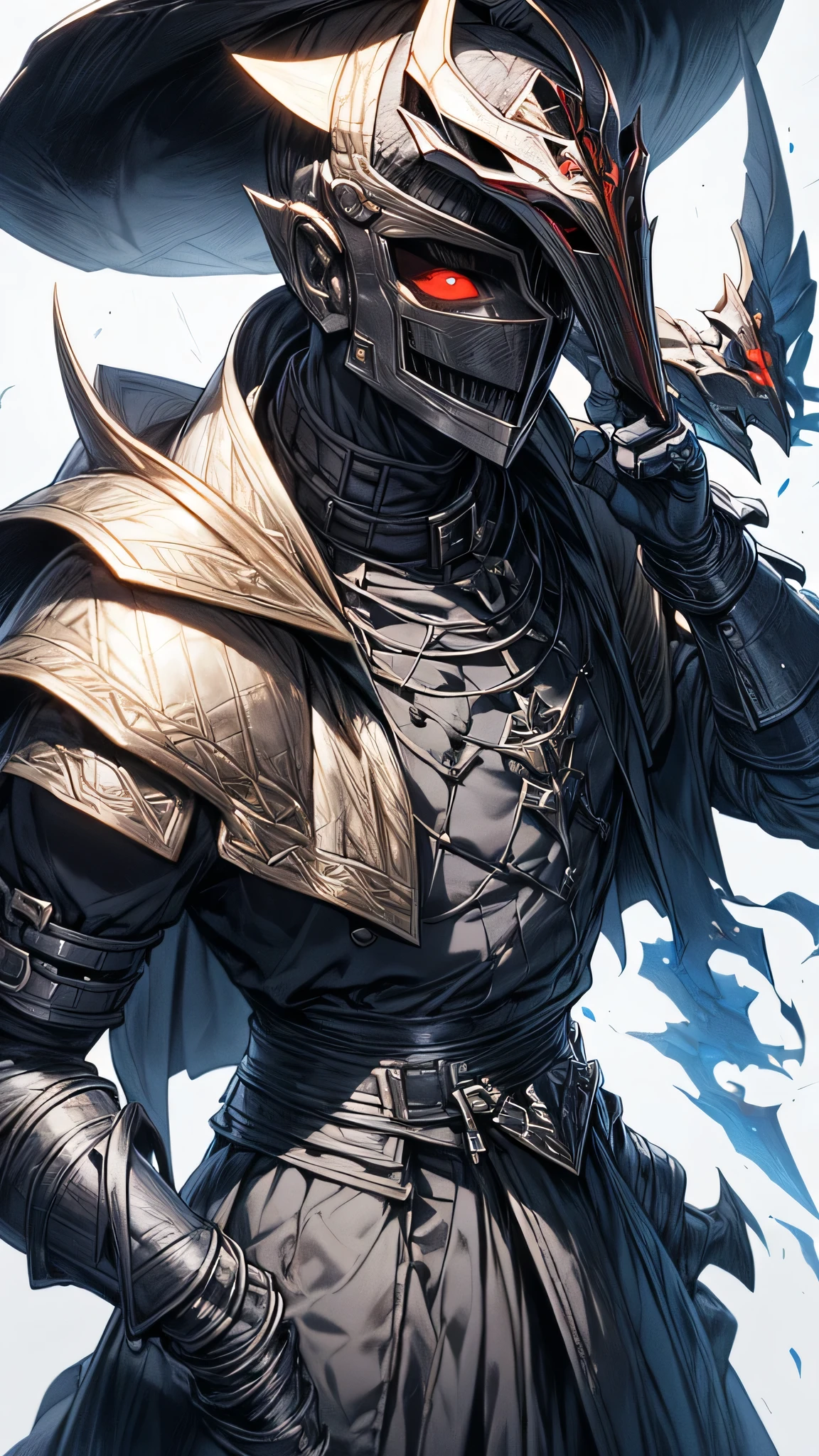 ((Cloth)), ((Armor))((Bone Mask)) (High Detail Skin: 1.2) Close-up of man with hat and mask, Infinity Blades concept art, Infinity Blades armor, shoulder armor, warrior concept art, mortal kombat characters, 8kuhd, dslr, soft light, high quality, film texture ((amateur photo)), white background