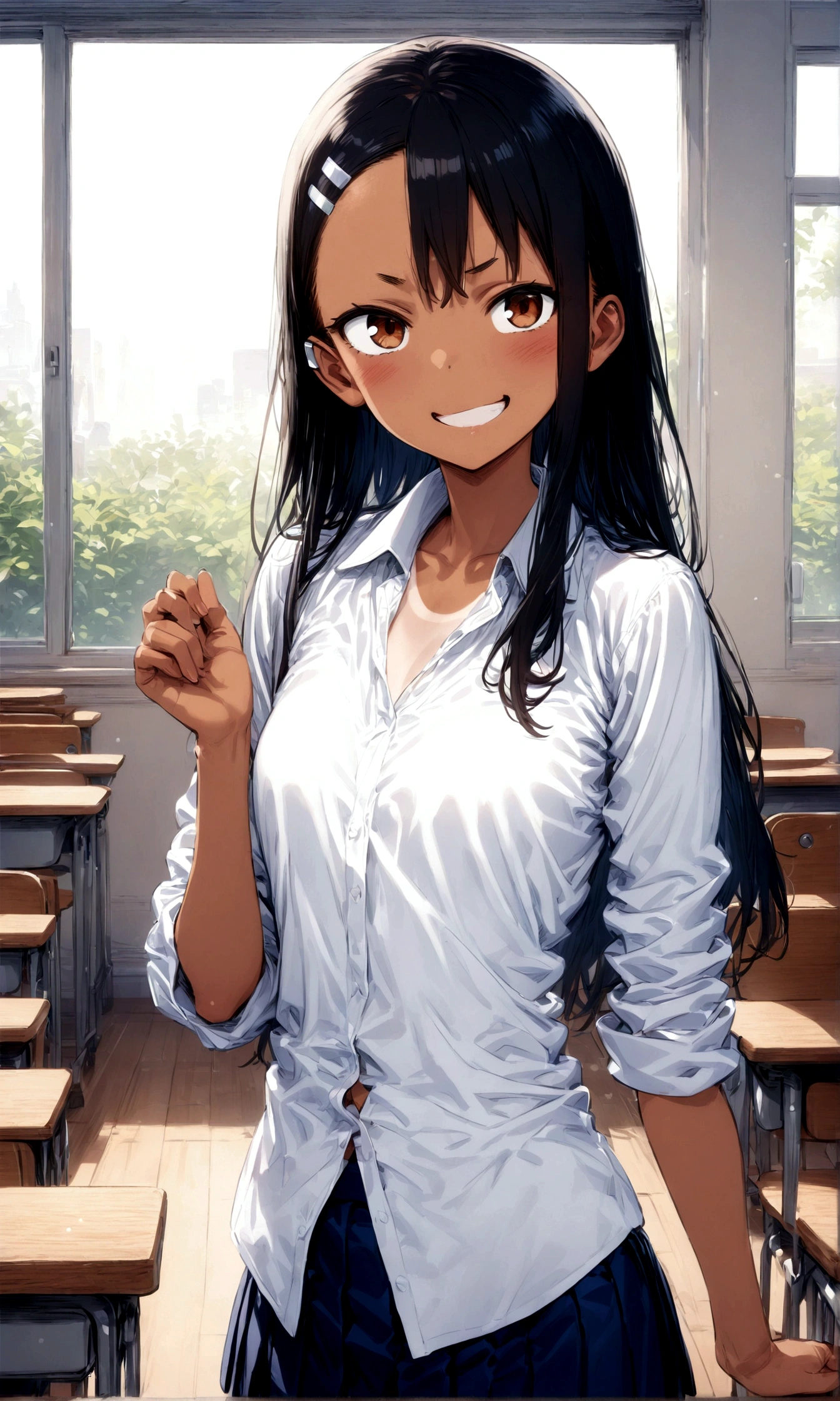 (1 girl:nagatoro_hayase, brown eyes, black hair, long hair, dark skin, dark-skinned female, tan, tanlines, hairclip, , white shirt, collared shirt, pleated skirt),,(masterpiece:1.3),(highest quality:1.4),(Super detailed:1.5),High resolution,Very detailed,unity 8k wallpaper,High school classroom background,A mischievous girl with a sly grin, standing in a school classroom. She has sharp, narrow eyes giving a teasing look, and her eyebrows are raised in a playful manner.