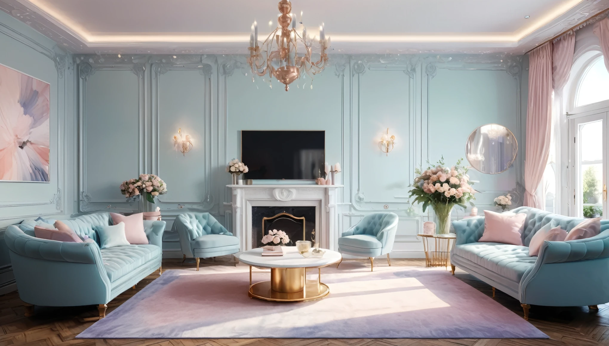 interior, living room in a luxury Victorian architectural style, clean modern design featuring pastel color scheme, beautiful light. Ultra realistic photo, vibrant colors, 8k