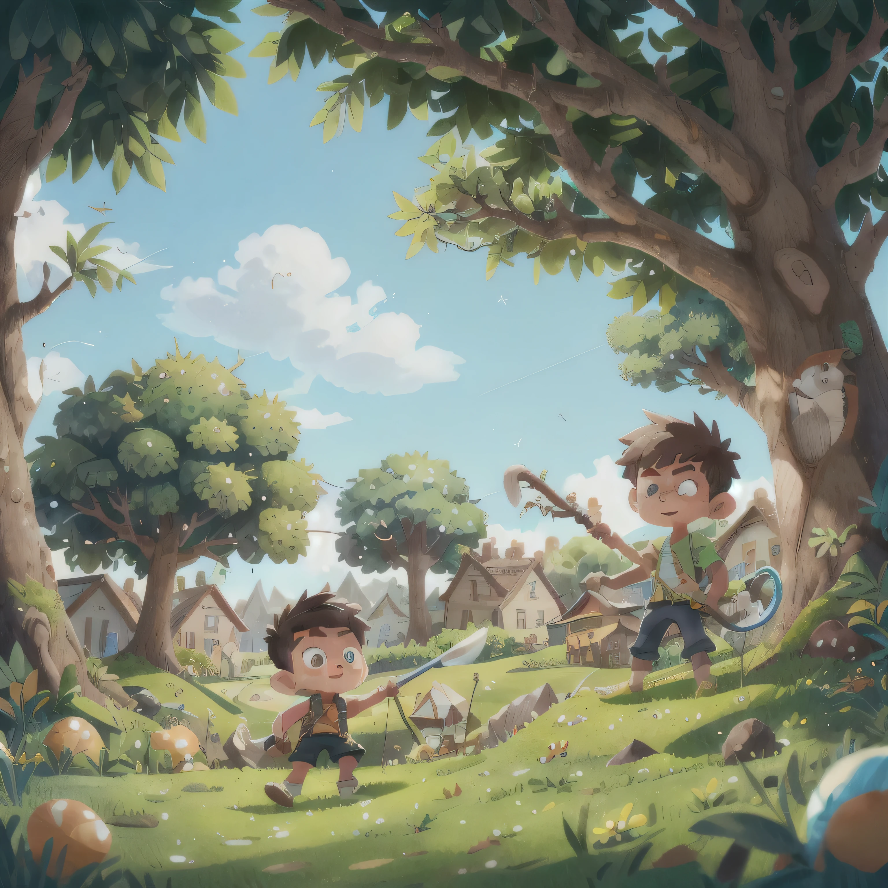(SFW), Um loiro segurando uma espada de brinquedo em seu quintal e entrando no mundo da fantasia, in the background your house with a tree and grassy ground, qualidade perfeita, sharp focus, Colorida, Anatomia perfeita, rosto perfeito, , detalhe intrincado