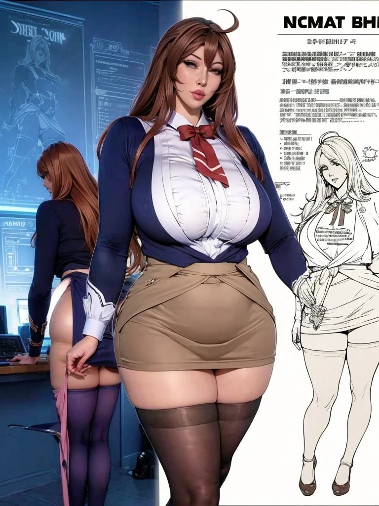 1girl in, (Solo:1.2),skin wet,skin ultradetailed,bouncing breast,,((massive big big oppai breast)),((leaning forward)),girl, solo, full body, from head to toe, standing, (Huge_Breasts:1.3), Character Design Sheet, character reference sheet, Blueprint Schematic Drawing, technical drawing, blueprint, schematic, ((Character Design Sheet:1.7, character reference sheet:1.7,)), an anime/cartoon character wearing a girls , 1girl, solo, thigh-highs, Blazer (Blazer), ahoge, long hair, bow, , shoes, loafers, ribbon, (very short skirt:1.4),