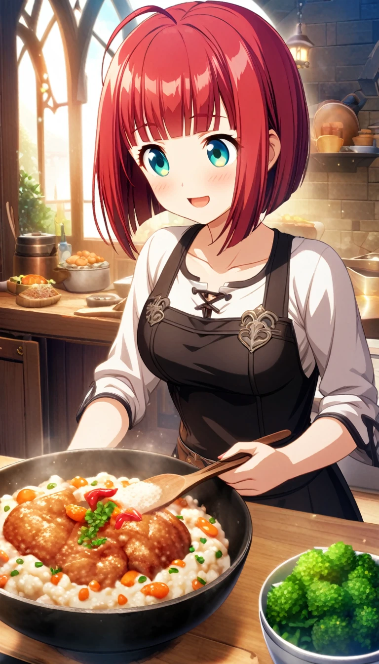 game cg,1girl,rubyred hair,bowlcut hair,half circle ahoge,blue green eyes,tareme,fantasy,cook
