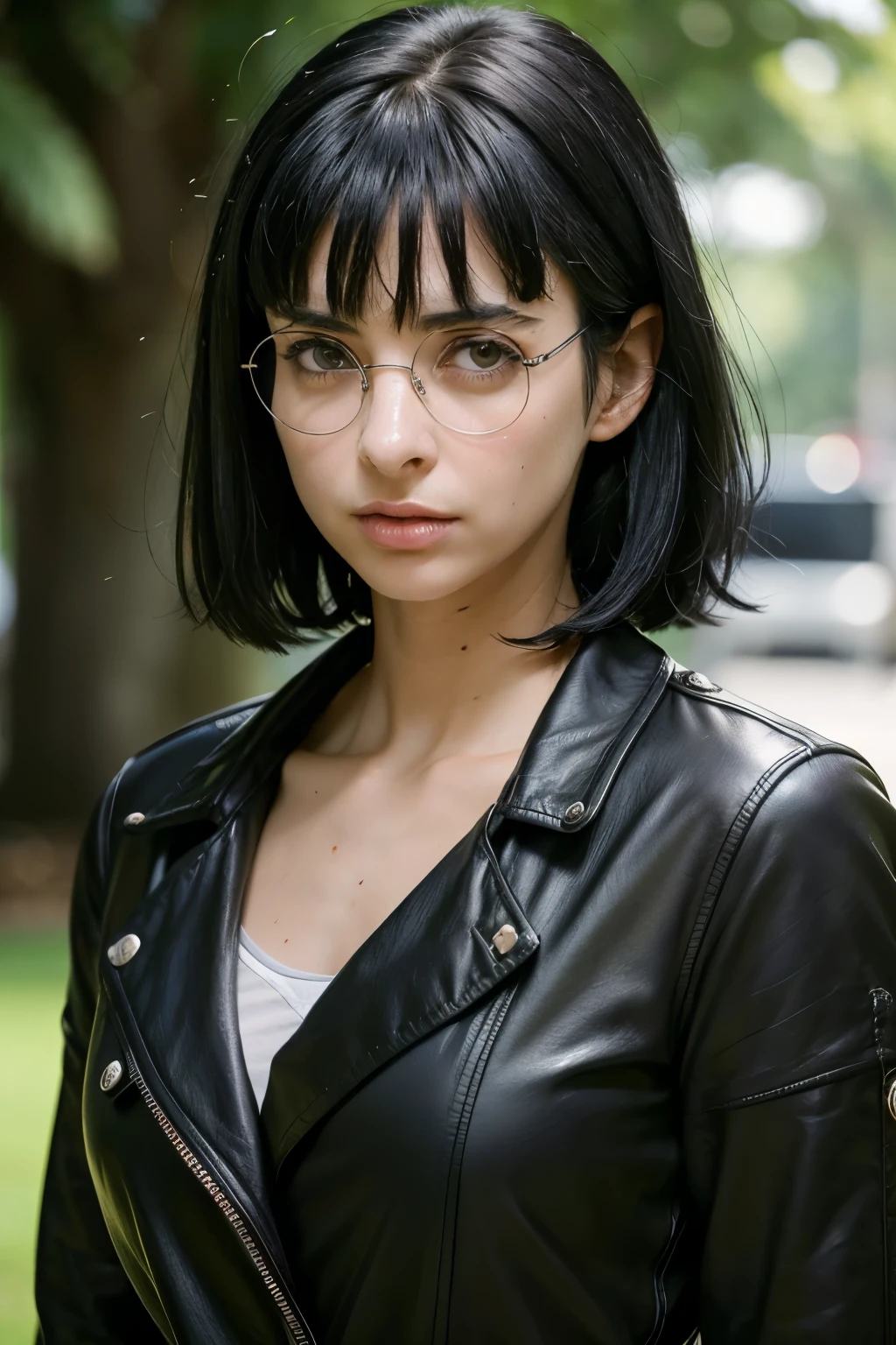 (18 year old woman), (black hair, short hair, bangs, hair down to her shoulders) ((round glasses on her face)) (white skin) angry, western face, dark circles, sad and tired and droopy face, pimples on her face , thin nose, ((best quality)), ((ultra resolution)), ((Photorealistic: 1.4)), (intricate details), (black outerwear), thin waist.