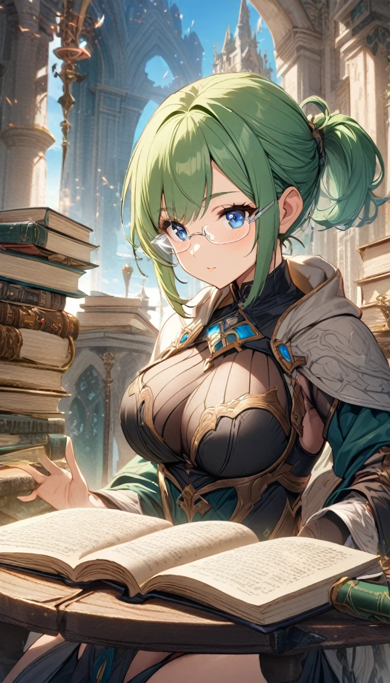 1girl,green hair,short ponytail,rimless eyewear,blue eyes,large breasts,fantasy,book,