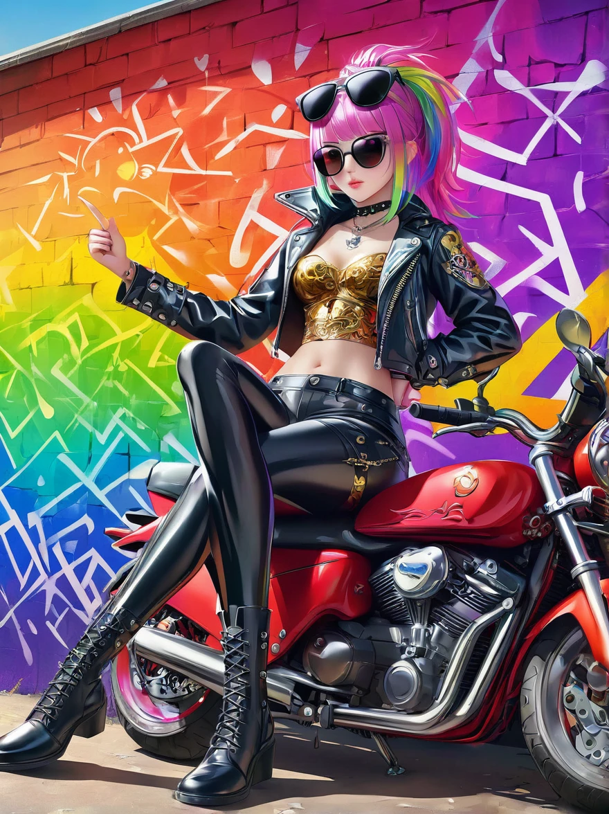 Punk style, Fantasy Gothic, ((The most rebellious bad girl in history)), 1girl, ((solo)), (((Stylish sunglasses))), Pirate hat, Lips in love, Skull Fashion, Neon, Short iridescent hair, Rainbow fabric, Biker Jacket, Bodysuit, Gold pattern, Ancient runes, Metal nails, (Middle finger raised:1.3), Standing in front of a motorcycle skull graffiti art background, Add whimsy to the scene, To enhance the sharpness and modernity of the scene, Sharp lines, Bold brushstroke numbers, Surrealism, Conceptual art, Futurism, UHD, masterpiece, accurate, anatomically correct, textured skin, super detail, high details, award winning, 8k