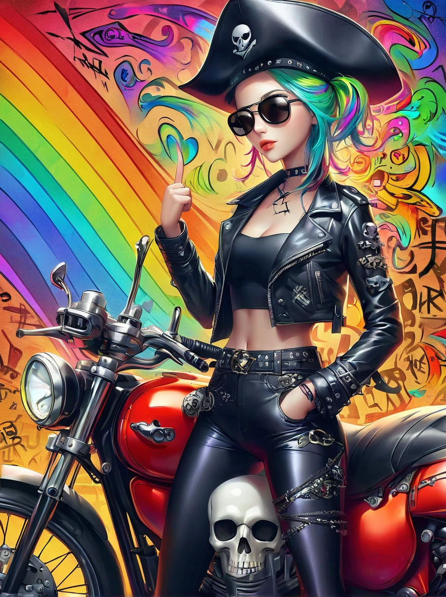Punk style, Fantasy Gothic, ((The most rebellious bad girl in history)), 1girl, ((solo)), (((Stylish sunglasses))), Pirate hat, Lips in love, Skull Fashion, Neon, Short iridescent hair, Rainbow fabric, Biker Jacket, ????????, Gold pattern, Ancient runes, Metal nails, (Middle finger raised:1.3), Standing in front of a motorcycle skull graffiti art background, Add whimsy to the scene, To enhance the sharpness and modernity of the scene, Sharp lines, Bold brushstroke numbers, Surrealism, Conceptual art, Futurism, UHD, masterpiece, accurate, anatomically correct, textured skin, super detail, high details, award winning, 8k
