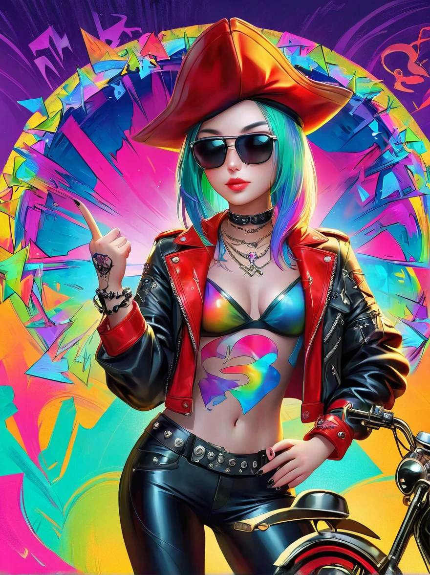 Punk style, Fantasy Gothic, ((The most rebellious bad girl in history)), 1girl, ((solo)), (((Stylish sunglasses))), Pirate hat, Lips in love, Skull Fashion, Neon, Short iridescent hair, Rainbow fabric, Biker Jacket, Bodysuit, Gold pattern, Ancient runes, Metal nails, (Middle finger raised:1.3), Standing in front of a motorcycle skull graffiti art background, Add whimsy to the scene, To enhance the sharpness and modernity of the scene, Sharp lines, Bold brushstroke numbers, Surrealism, Conceptual art, Futurism, UHD, masterpiece, accurate, anatomically correct, textured skin, super detail, high details, award winning, 8k